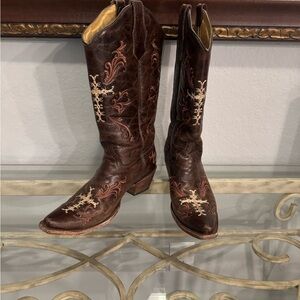Circle G Brown Western Cross Embroidered Cowboy Boots Sz 9